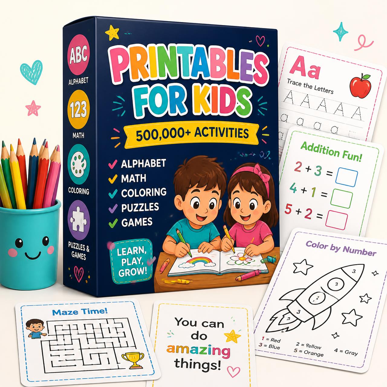 Printables for Kids bundle mockup — binder, worksheets, alphabet and coloring books